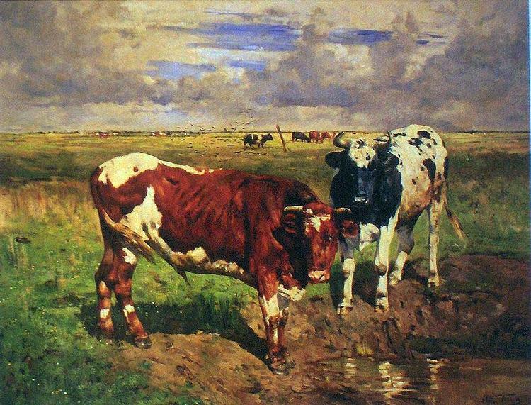 unknow artist Young bulls at a watering place China oil painting art